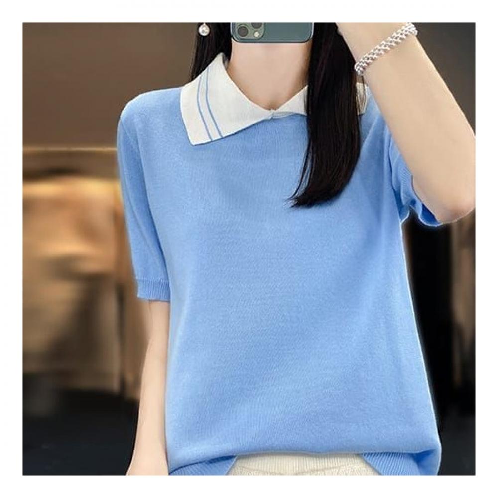 Navava Women Lovely Fresh Short Sleeve Collar Knit Nk2070