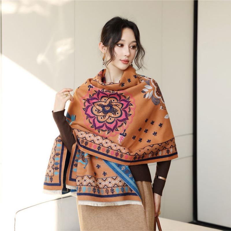 Autumn and winter new retro flower jacquard scarf women's thickened imitation cashmere warm scarf enlarged shawl warm scarf