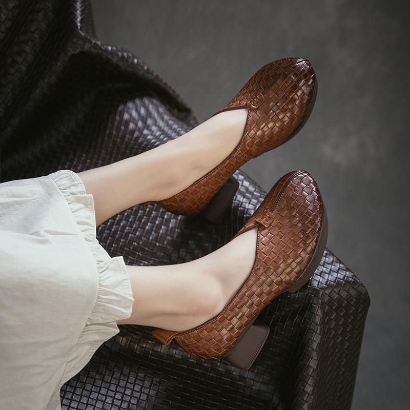 Spring New Arrival Handmade Woven Loafers, Top Grain Cowhide Comfortable Slip On Shoes for Women