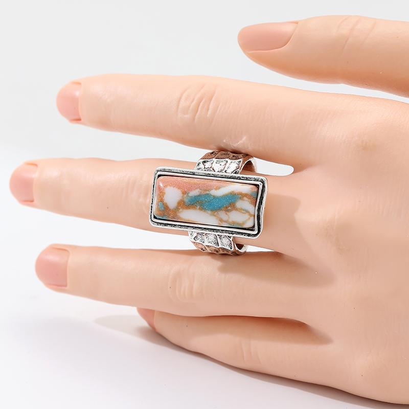 Ethnic Inlaid Multicolored Stone Women's Ring Vintage CopperColor Geometry Daily Wear Party Jewelry Anniversary Gift
