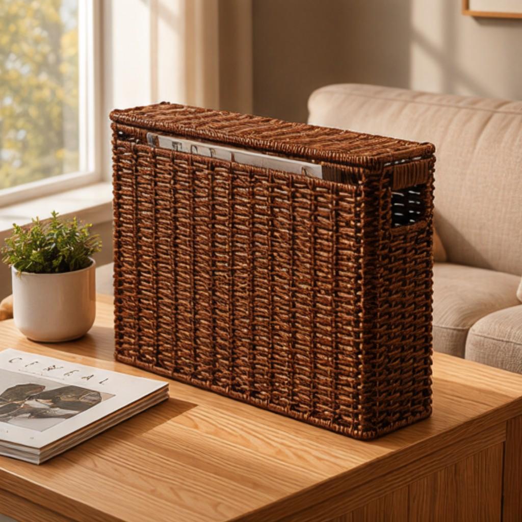 F Woven Basket: Narrow Space-Saving Design Storage Organizer - Lightweight Magazine Holder with Handle for Kitchen Living Room Closet