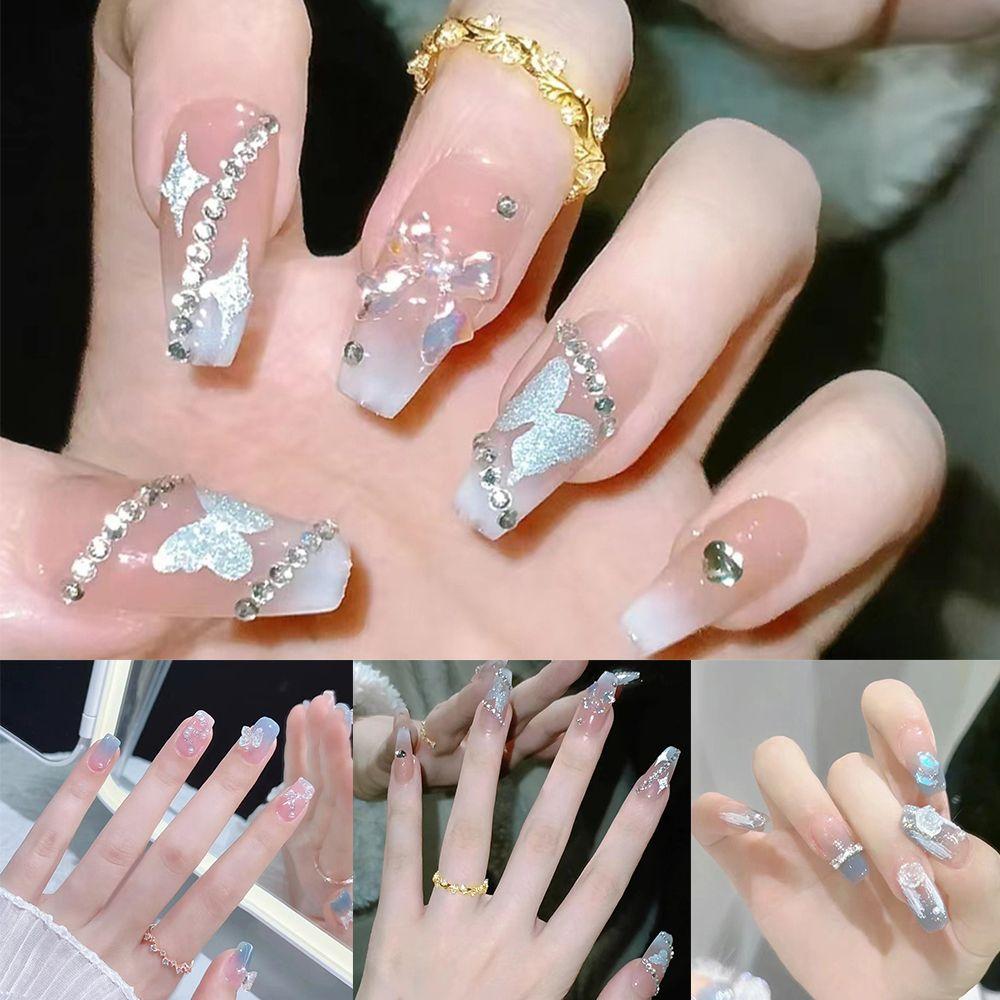 

24 шт. накладные ногти розовая роза дымка синяя любовная цепочка блестящие ногти накладные ногти французский кристалл