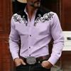 Camisa de Manga Larga para Hombre Estilo Vaquero Occidental Estampado de Bloques de Color Blanco y Negro, Top Casual de Moda Retro, Tejido de Alta Calidad