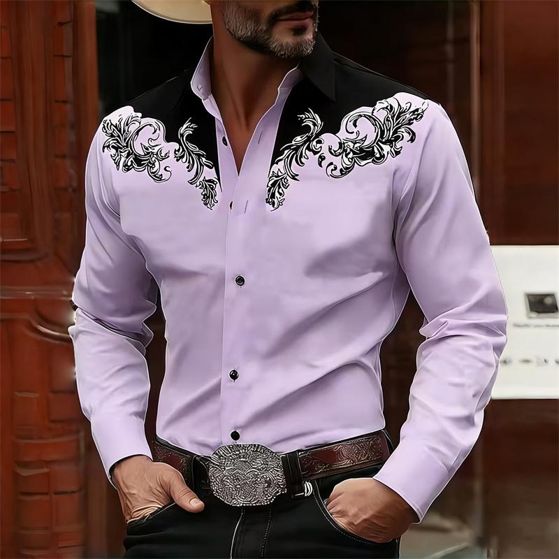 Camisa de Manga Larga para Hombre Estilo Vaquero Occidental Estampado de Bloques de Color Blanco y Negro, Top Casual de Moda Retro, Tejido de Alta Calidad