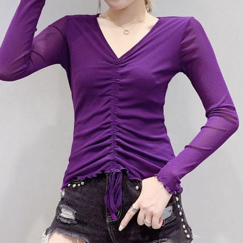 Sexy Fashion Mesh Solid Color T-shirt for Female Spring Autumn New Temperament V-Neck Shirring Slim Tops Women's Clothing
