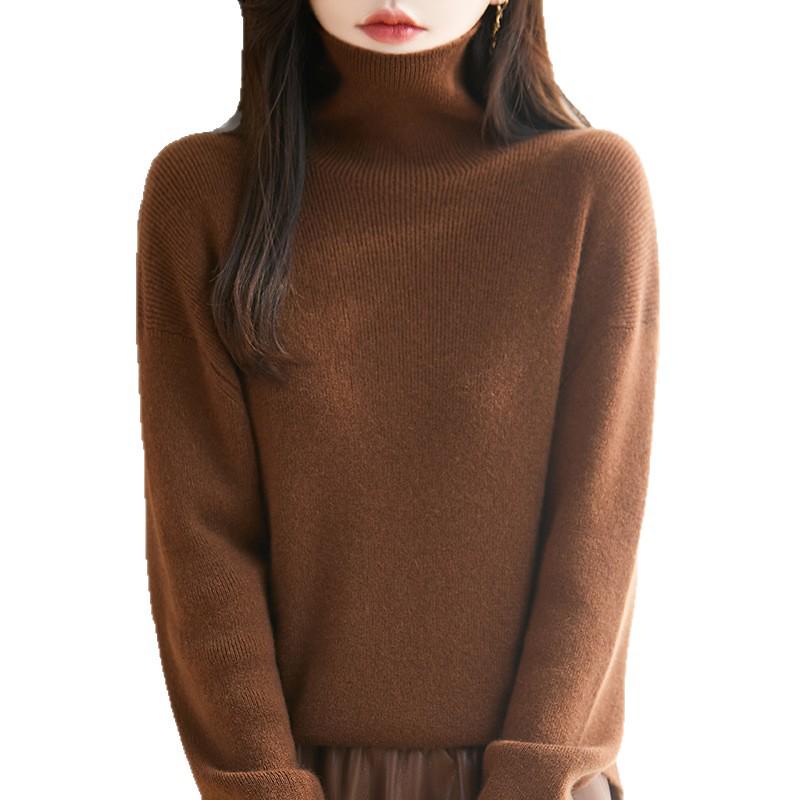 Women's High Neck Ribbed Wool Sweater - Loose Fit Plus Size, Autumn/Winter Knit Base Layer