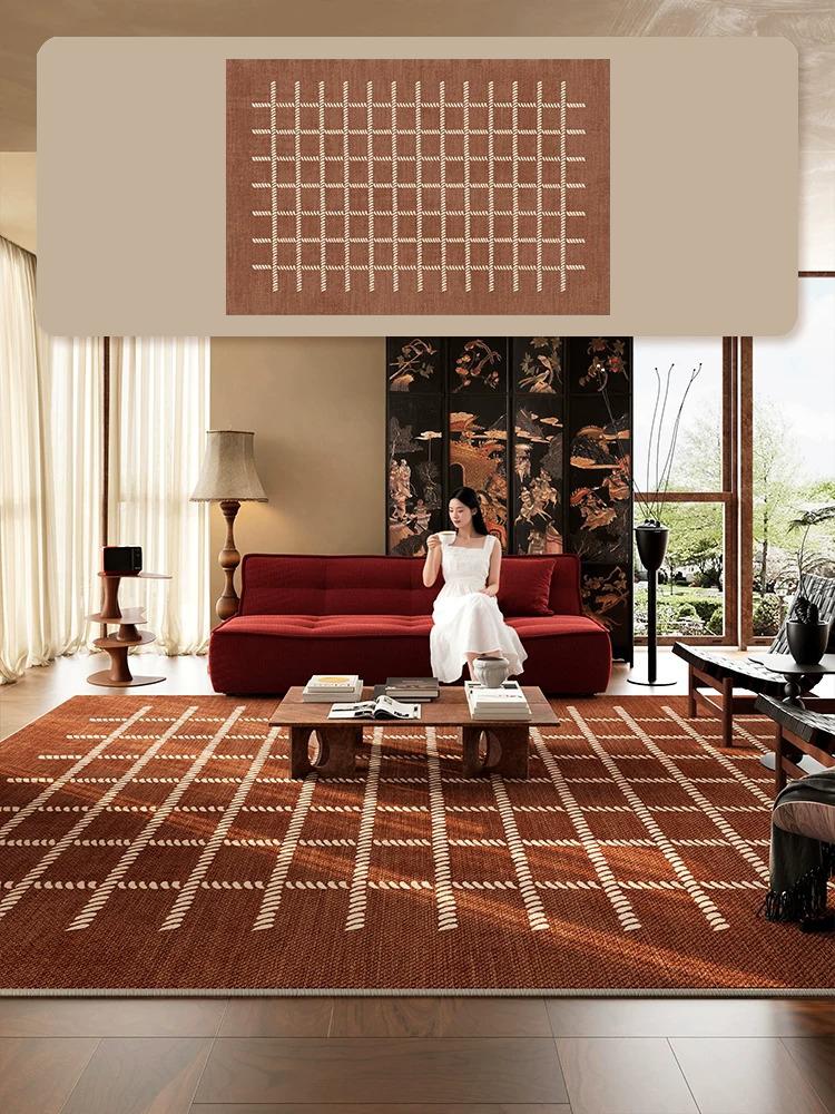 Vintage American Plaid Rug for Living Room Large Area Carpet Mid-tone Maillard Brown Mat Coffee Tables Rugs Bedroom Floor Mats