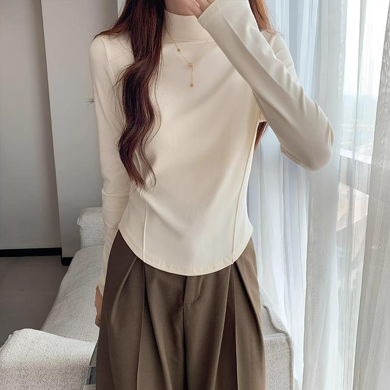 Long-sleeved bottoming shirt, T-shirt for women, half turtleneck, fishbone waist, layered inner layer, autumn and winter velvet warm top
