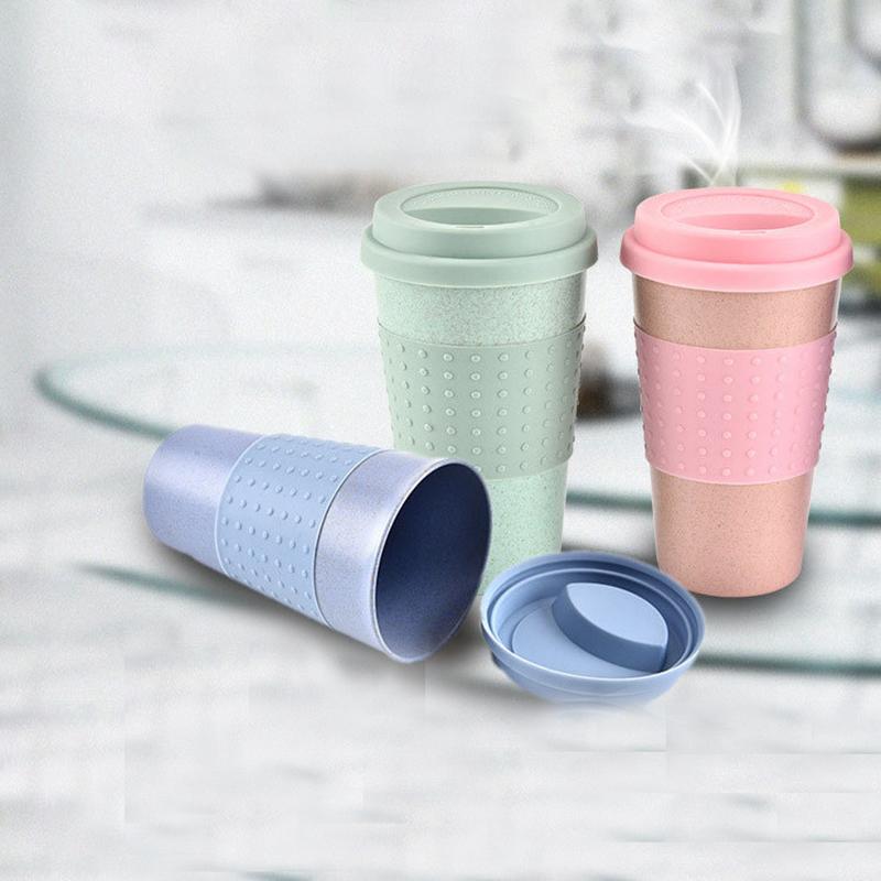 Cupa de apă din fibre de paie de grâu în stil european, cană de cafea din silicon pentru mașină, cană personalizată din plastic cu capac