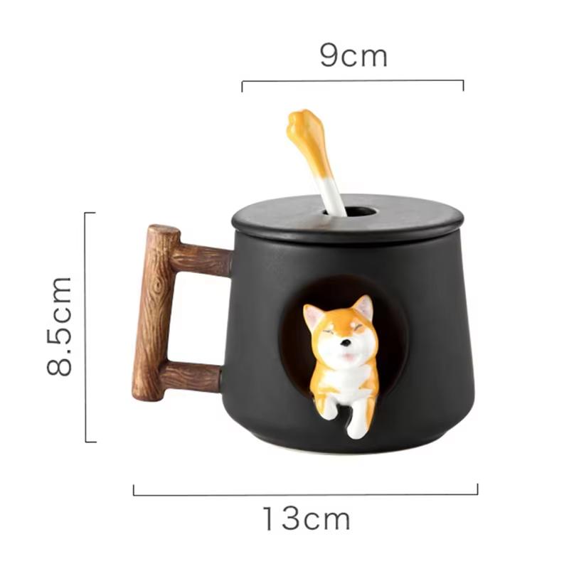 420ml Shiba Inu Pattern Ceramic Coffee Mug Cute 3D Design with Lid Spoon Cartoon Milk Tea Cup for Girls Creative Breakfast Gift