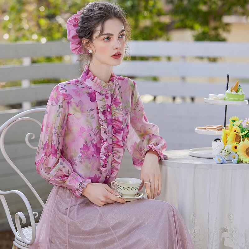 

Women s Ruffle-Trim Floral Print Long-Sleeve Blouse M