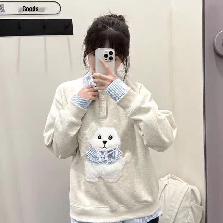 

Женский корейский преппи плюшевый щенок искусственный двухслойный свитшот поло, маленький топ с длинным рукавом для весны и осени Extra Large серый