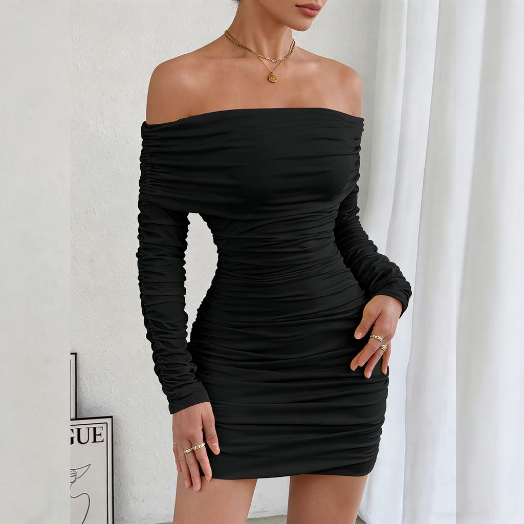 Dámské plisované přiléhavé šaty s jedním ramenem a dlouhým rukávem