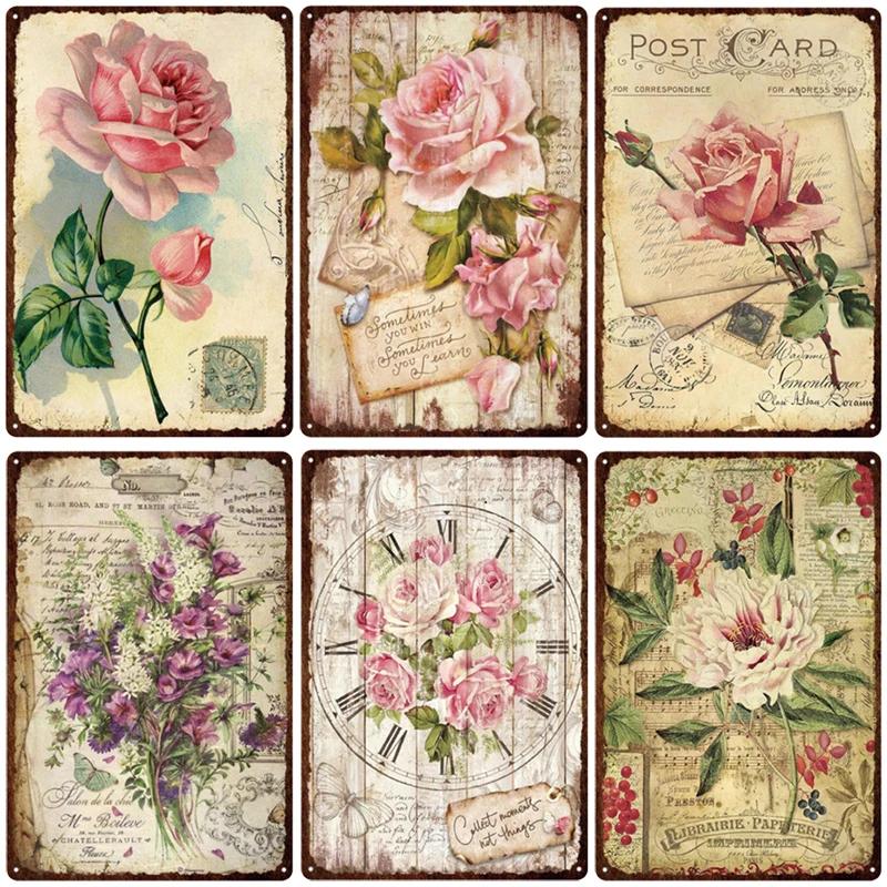 Pastoral Style Flower Plaque Metal Tin Sign Lavender Rose Retro Plates Poster for Living Room Home Garden Wall Decor 20x30cm