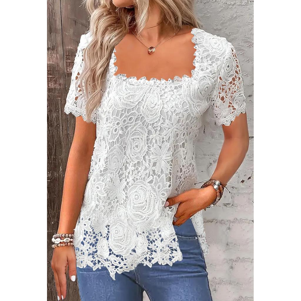 Lace Blouse Tee Shirt Women Vintage Top Solid Full Sleeve Square Collar Streetwear Ladies Casual Spring Summer Basic Tops