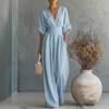 2026 Diepe V-hals Dames Jumpsuits Elegante Effen Hoge Taille Rompers Casual Wijde Pijpen Broek Zak Overalls Vakantie Outfit Los