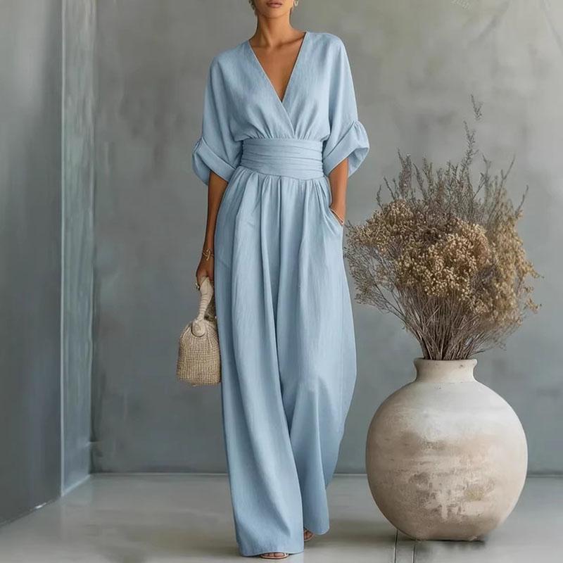 2026 Diepe V-hals Dames Jumpsuits Elegante Effen Hoge Taille Rompers Casual Wijde Pijpen Broek Zak Overalls Vakantie Outfit Los