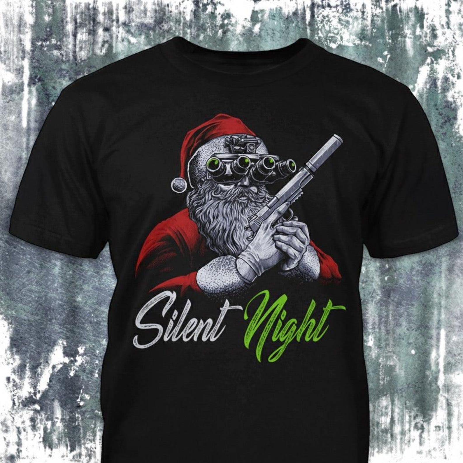Silent Night - Distressed Tactical Santa Night Vision T-Shirt: Funny Military Christmas Gift 2XL