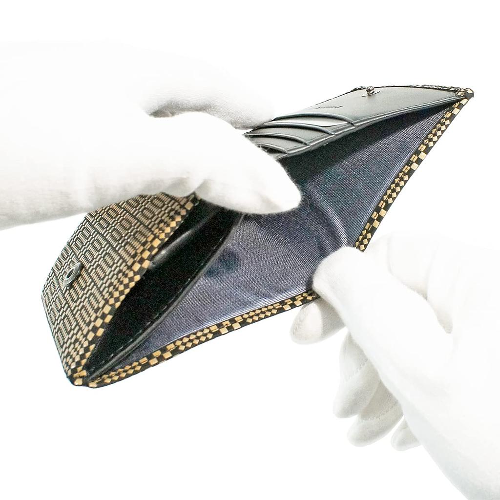 [Inden-ya] Inden Bifold Wallet with H-shaped Bill Compartment and Box-Shaped Coin Purse, Deerskin Leather, Black with White Lacquer, Small Checkered