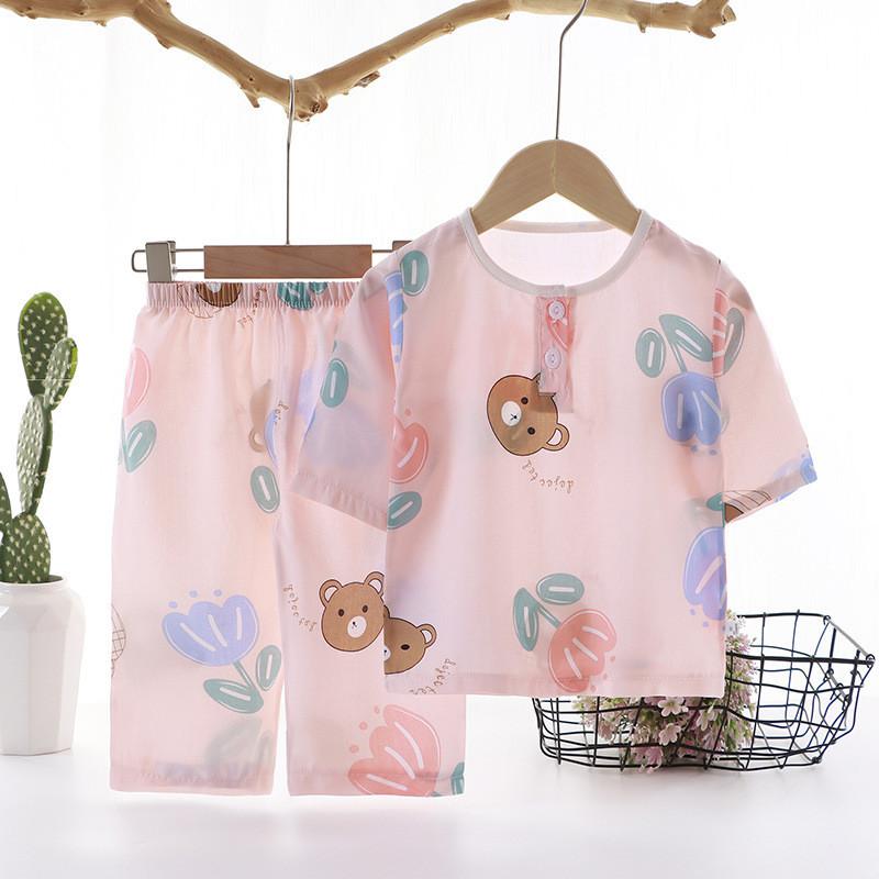 Cartoon Dinosaur Kids Sleepwear Set With Breathable Cotton Silk For Summer Comfort