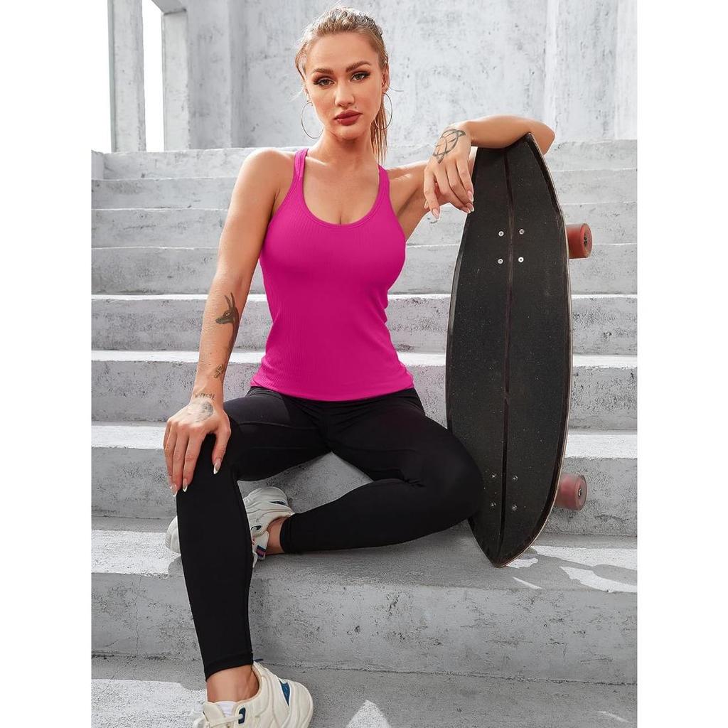 CHARMLEAKS Ribbed Workout Tank Tops for Women with Built In Bra Tight Racerback Scoop Neck Athletic Top