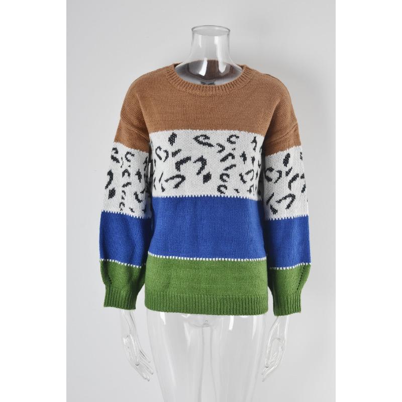 Women's Autumn and Winter Leopard-print Patchwork Knitted Pullover Plus Size Sweater