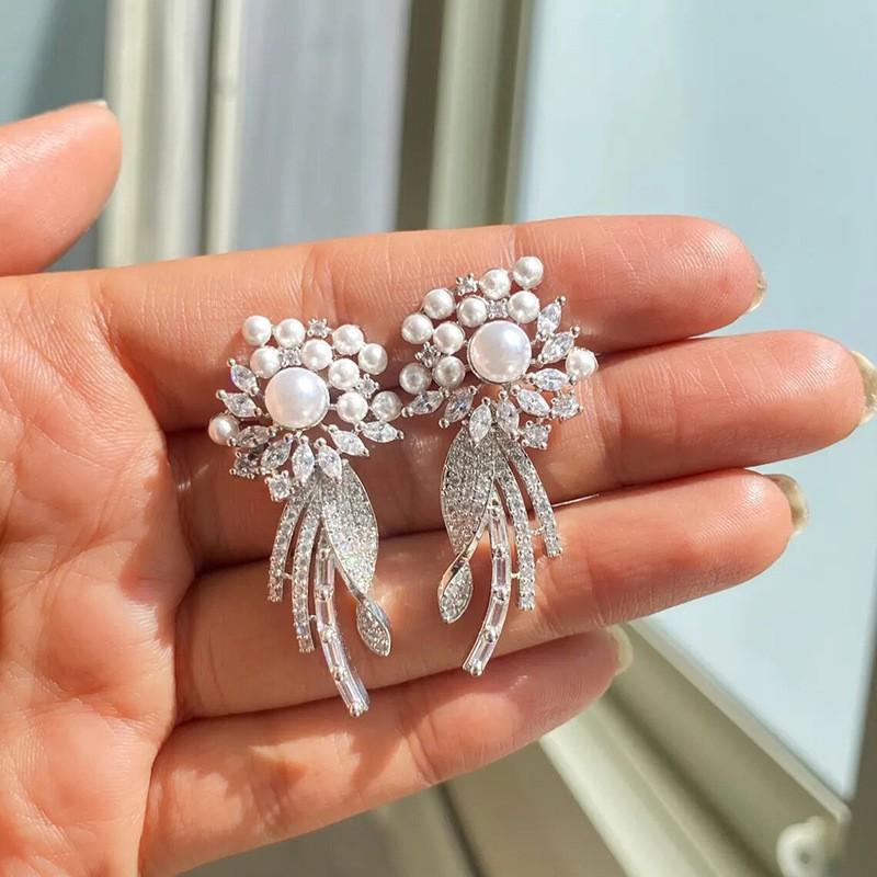 Elegant Floral Drop Earrings With Imitation Pearl Zircon Accents Long Tassel Design Women Gold Tone Copper Jewelry