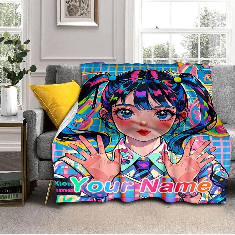 1PC Custom Name Colorful Anime Girl flannel blanket versatile,all-season throw suitable for the living room,bedroom,camping,travel,and gift