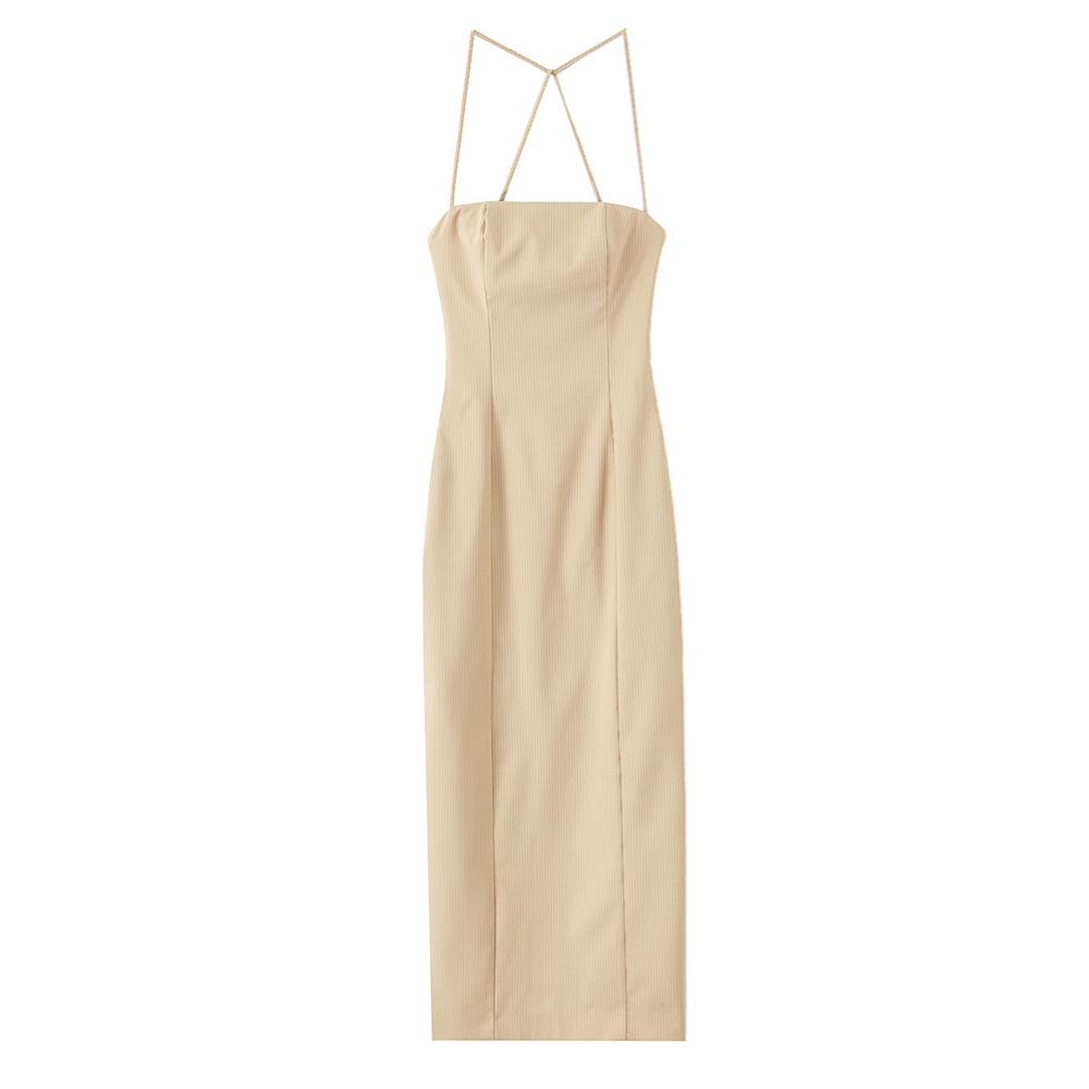 

Spring/Summer 2025 Slim Pinstripe Backless Camisole Dress for Women Large хаки
