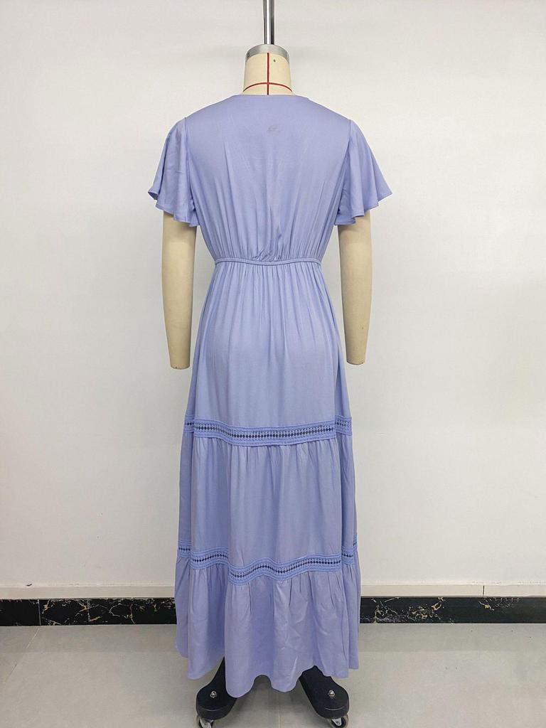 Elegant Ruffle Sleeve V-Neck Lace Patchwork Dress