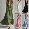 New Fashion Solid Color V-neck Sleeveless Lace-up Patchwork Dress for Women, European American Style Casual Summer Dress for Cross-border Trade
