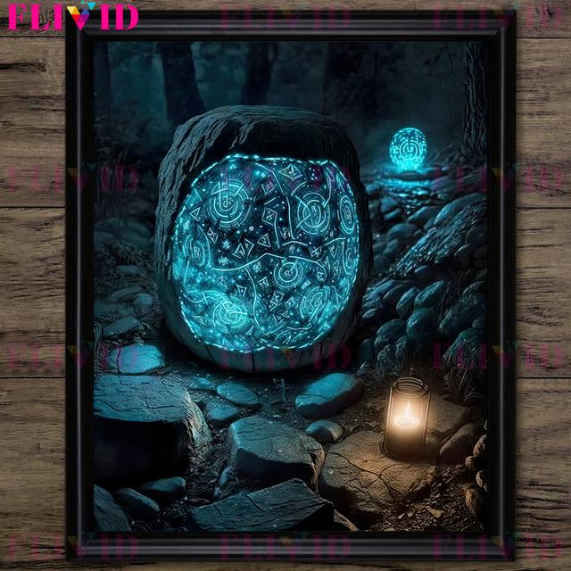 Magische Rune auf Stein, Retro-Wandkunst, Ölgemälde, geheimnisvolle Magie und magische Skulptur, Kunstposter