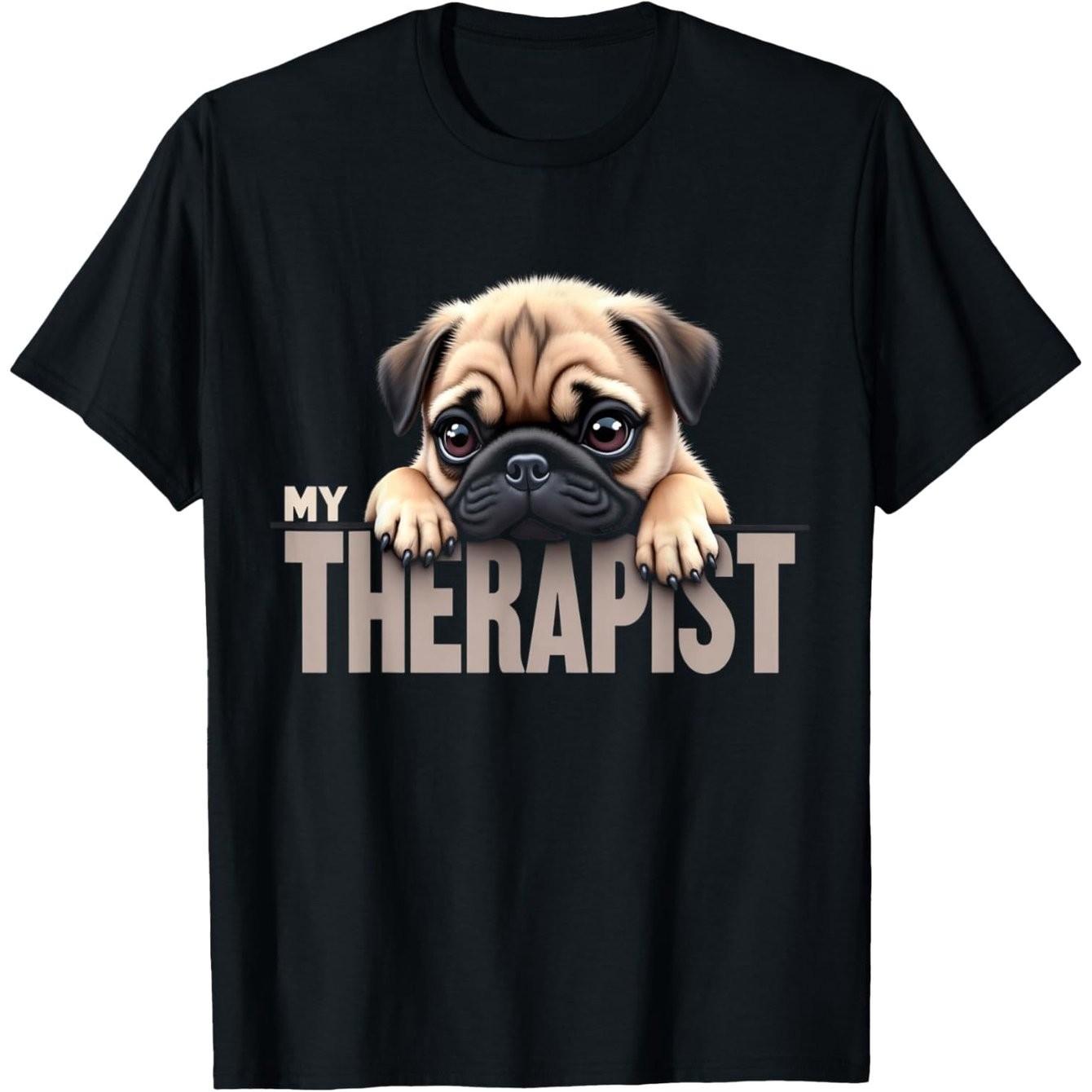 Мопс Мой Терапевт Смешная Собака Графическая Футболка Мягкий Хлопок Повседневная Футболка с Коротким Рукавом для Любителей Животных S