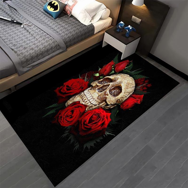 Skull and Red Roses Pattern Carpet, Gothic Style, Black Background Suitable for use as an anti-slip for living room bedroom sofas