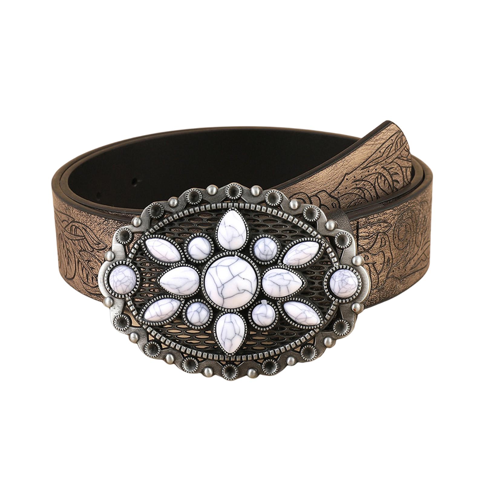 

Cowboy Belt Vintage White Stone Buckle Belt Engraved Flower Belt Embossed Leather Belt Vintage Western Belt Jeans Belt A