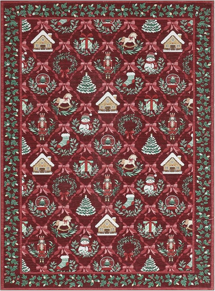 VIKAMA Christmas Red Holiday Rug - Slip-Resistant, Low-Fiber, Stain-Resistant Winter Home Decoration For Living Room And Bedroom