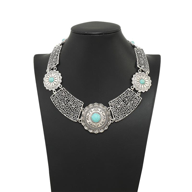 Ethnic Style Simulation Gemstone Decoration Hollow Design Women Metal Necklace For Special Occasion