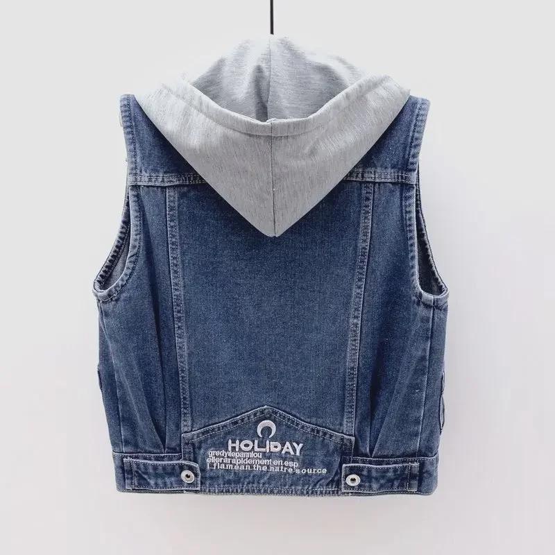 Women's Hooded Denim Vest - Sleeveless, Slim Fit, Large Pockets, Versatile Cardigan for Spring 2024