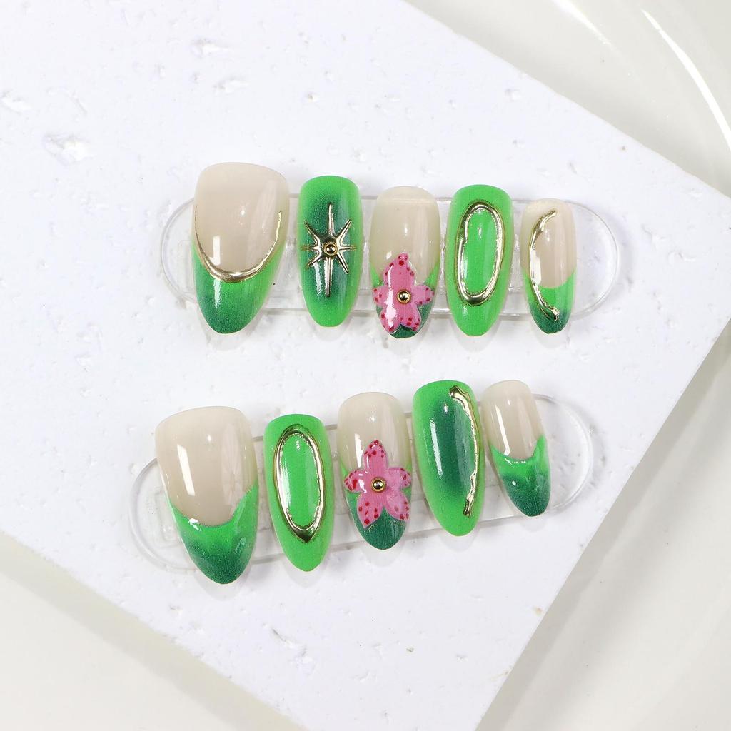 3D Almond-Shaped Transparent Ice Nails: Cat Eye Neon Green Flower Carving & Handmade Embossed Drill Manicure Tips