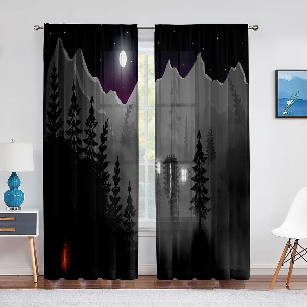 Night Sky Moon Stars and Forest Lake Sheer Voile Curtains for Bedroom Living Room Kitchen Tulle Curtains Chiffon Window Drapes