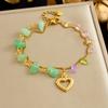 Gold Plated Stainless Steel Double Layer Natural Stone Beaded Bracelet with Heart Charm for Women