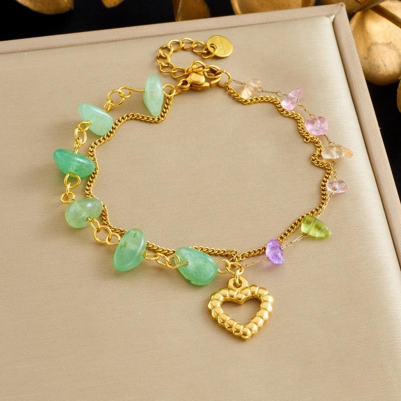 

Gold Plated Stainless Steel Double Layer Natural Stone Beaded Bracelet with Heart Charm for Women зелений