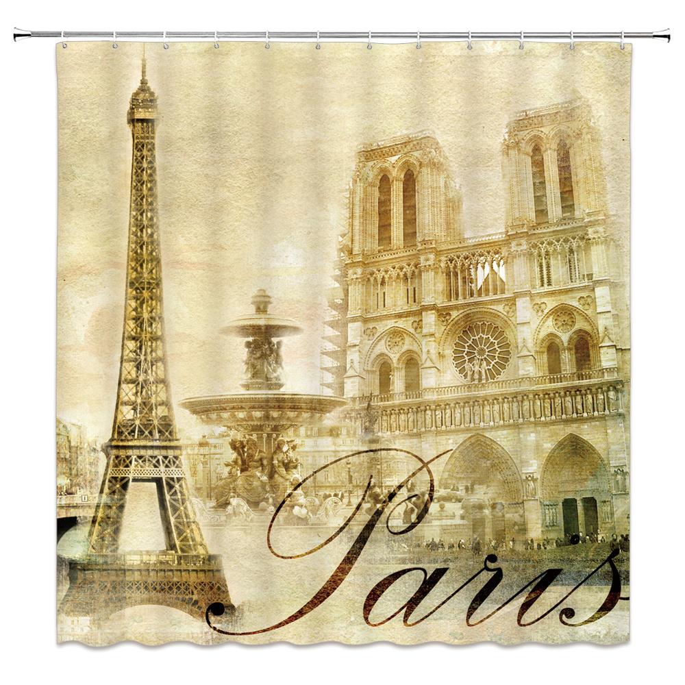 Nordic Retro Paris Tower Printed Shower Curtain With Hooks For Waterproof Polyester Fabric Bathtub Curtains Bathroom Decor