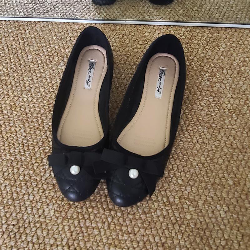 

Round head sweet bow solid color beanie shoes pearl medium heel single shoes women s soft-soled grandma shoes 40 чорний