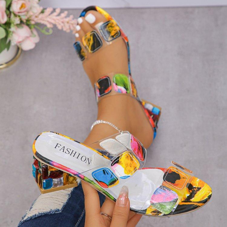 Rhinestone thick heel color one-character high heel cool slippers women's fashion outer wear color matching medium heel style large size