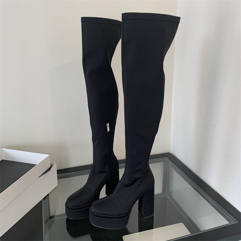 Winter Fashion Round Toe Over Knee Boots Women Chunky Platform Heels Zipper Motorcycle Botas Largas Mujer