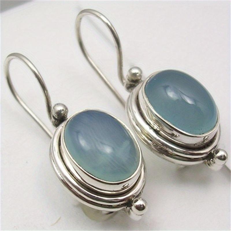 Vintage Silver Color Sea Blue Stone Dangle Earrings Woman Oval Party Daily Wear