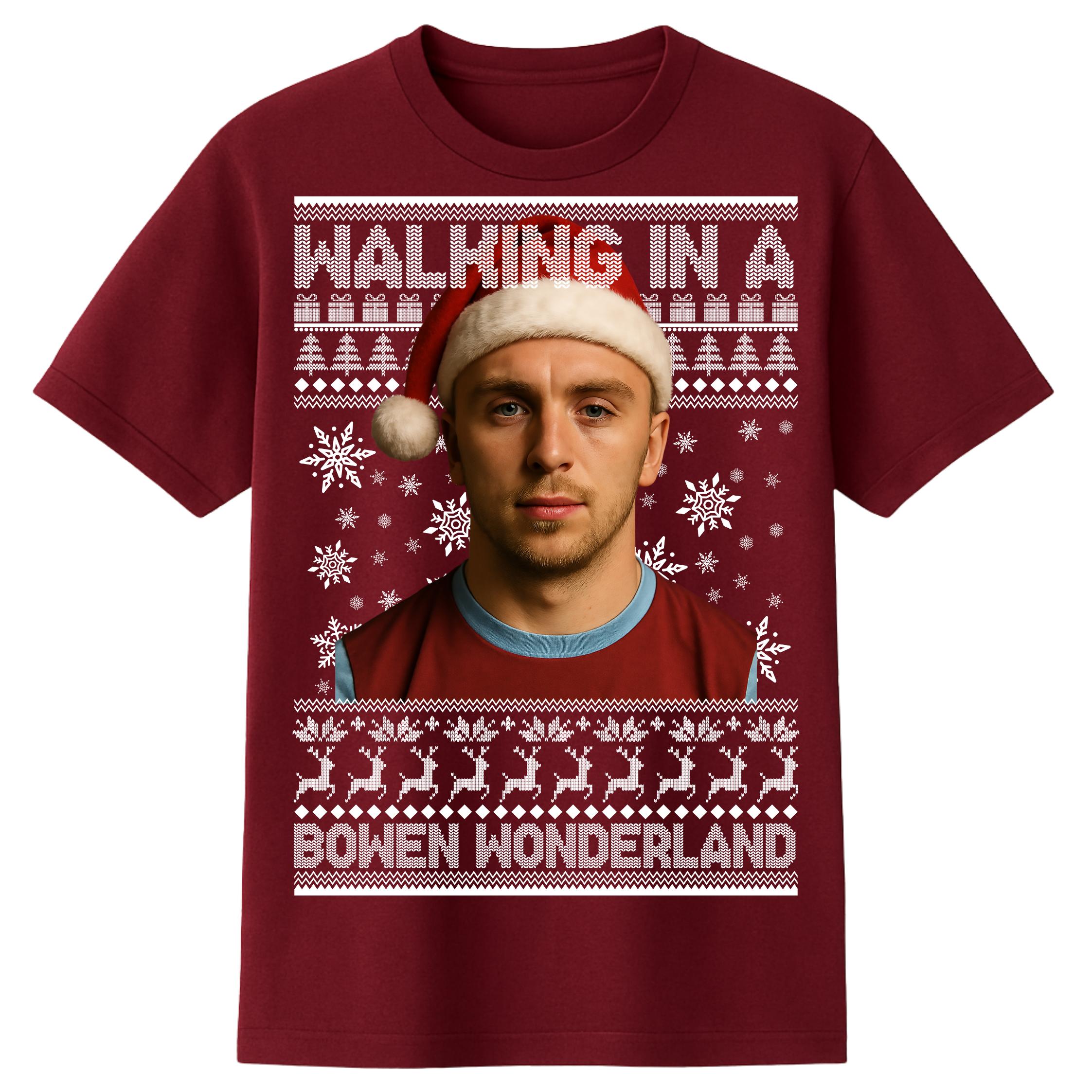 Jared Bowen walking in a Bowen Wonderland Christmas kids t shirt 140