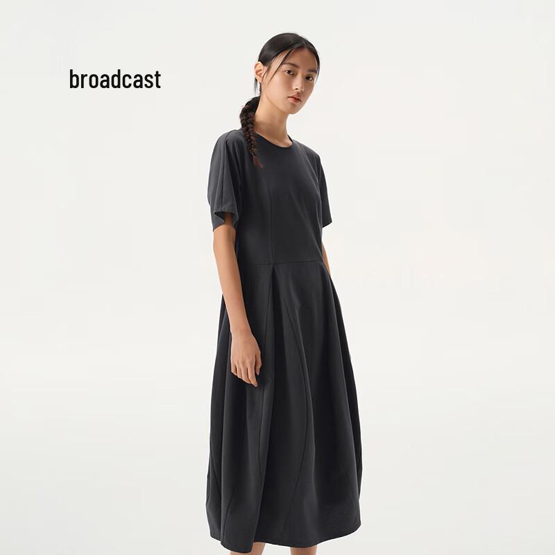 Broadcast Women s Waist-Cinching Round Neck Short Sleeve Mid-Length Dress S