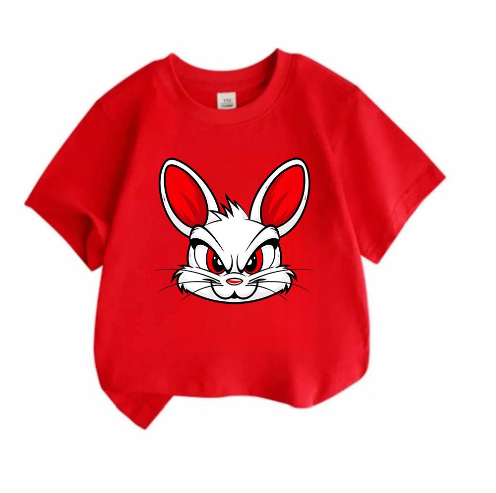 Kids Boys Girls 100% Cotton Crew Neck Short Sleeve T-Shirt, Cool Angry Cartoon White Bunny Red Eye Pattern Casual Soft Tees for Children Daily Outdoor